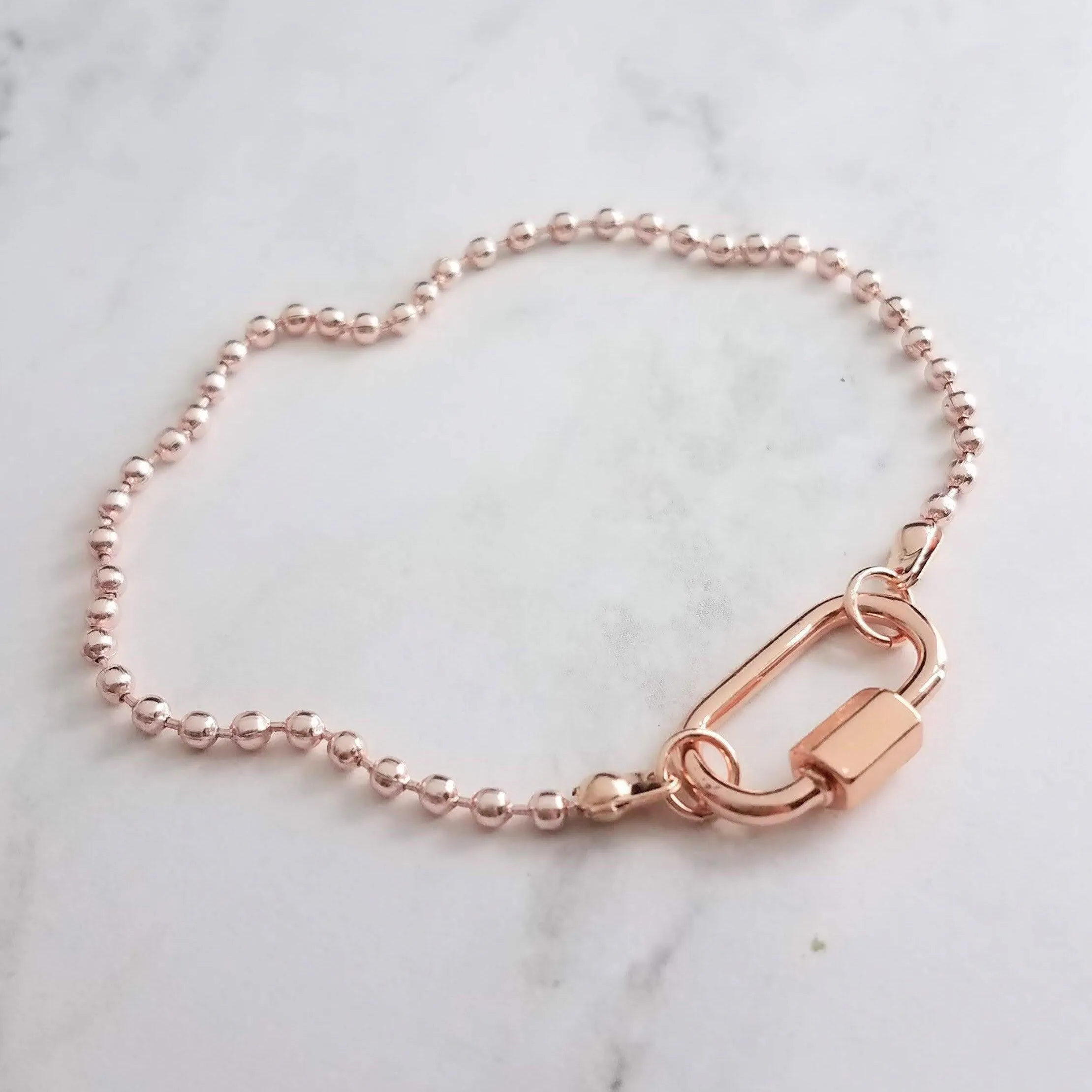 Rose Gold Ball Chain Bracelet, chunky clasp bracelet, carabiner clasp, rose gold bracelet, large oval clasp, screw clasp bracelet, pink gold