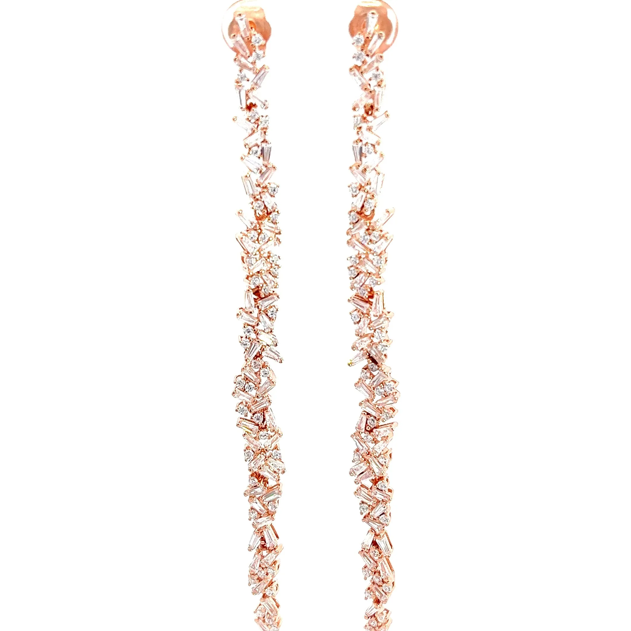 Rose Gold CZ Baguette Sterling Silver Long Earring