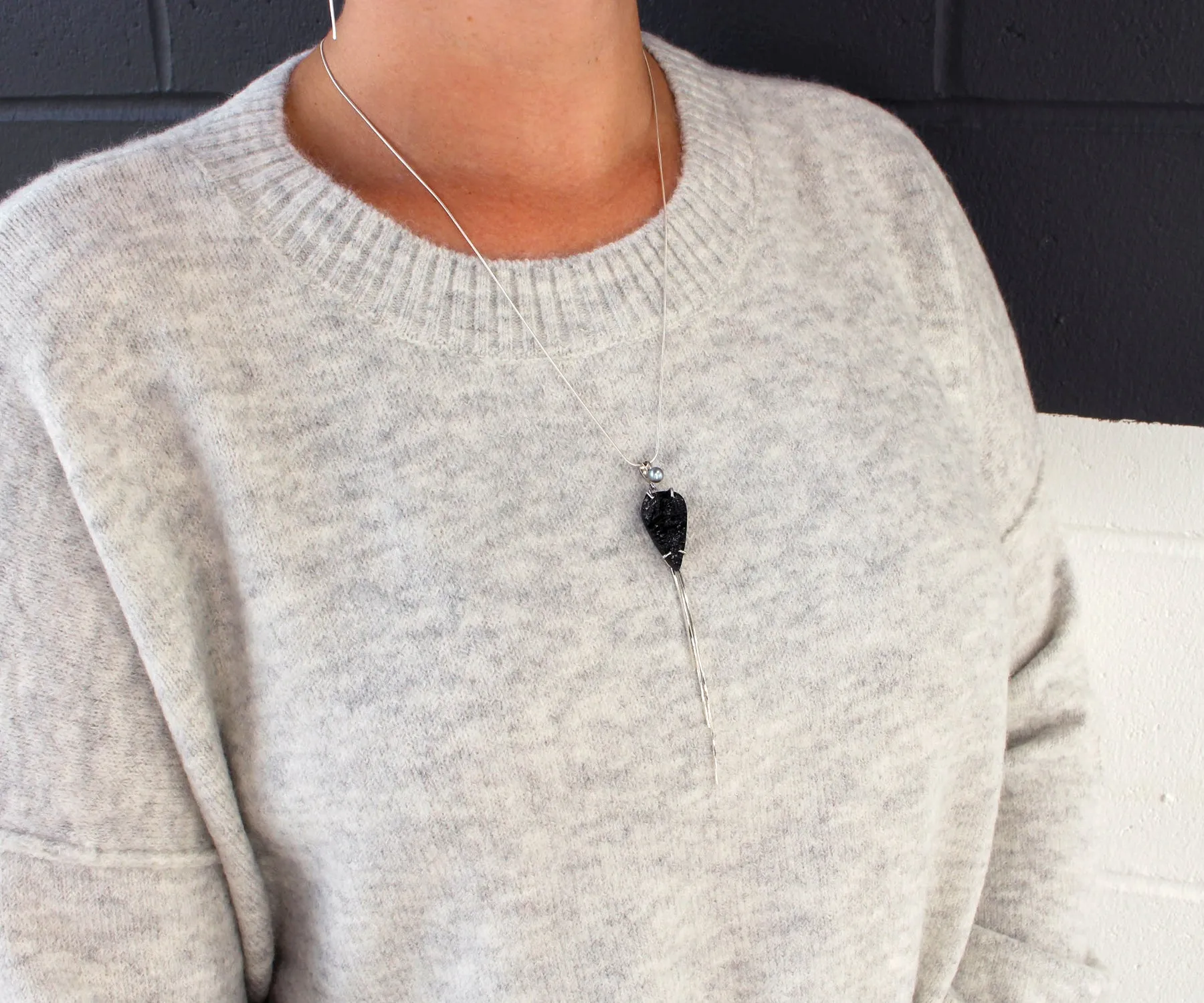 Rough Black Tourmaline Silver Tassel Jewelry Set
