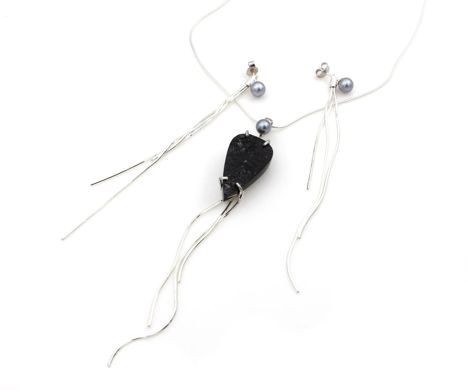 Rough Black Tourmaline Silver Tassel Jewelry Set