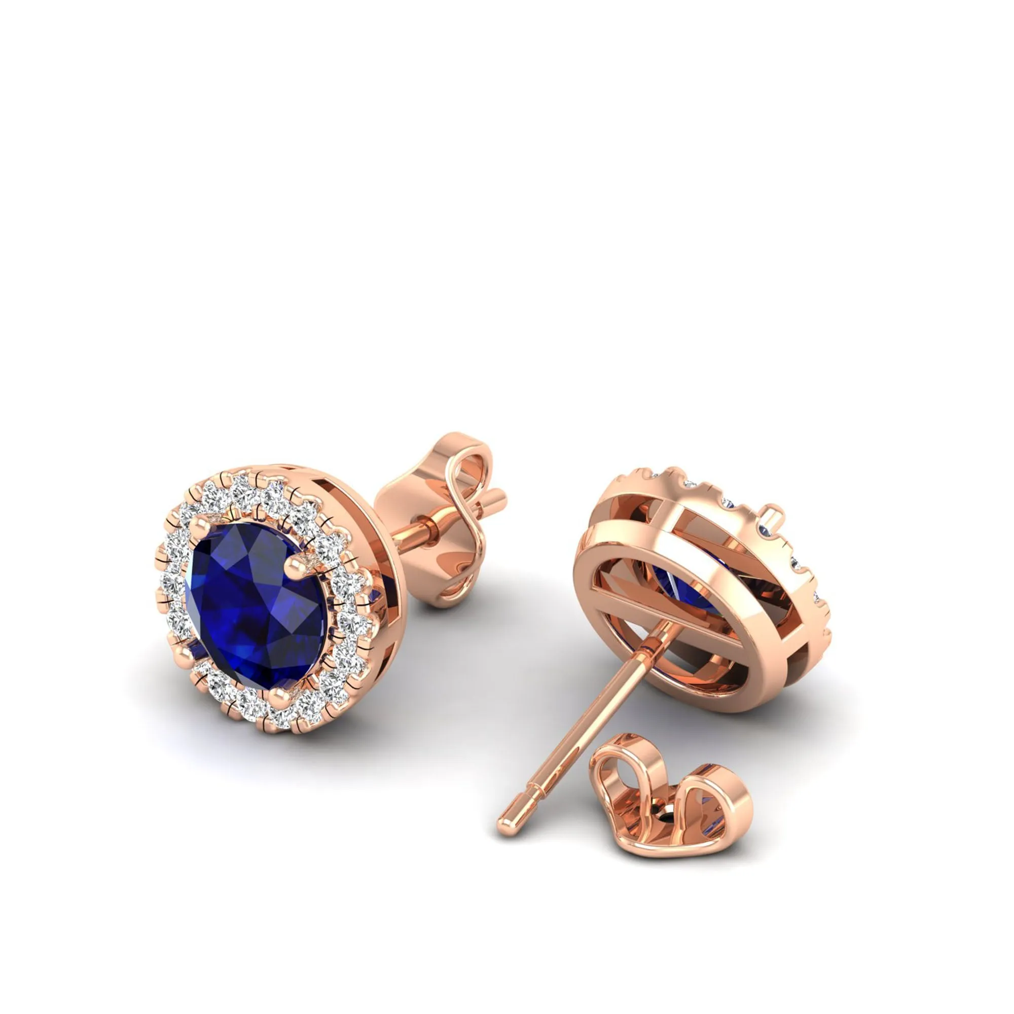 Round Sapphire Halo Diamond Stud Earrings