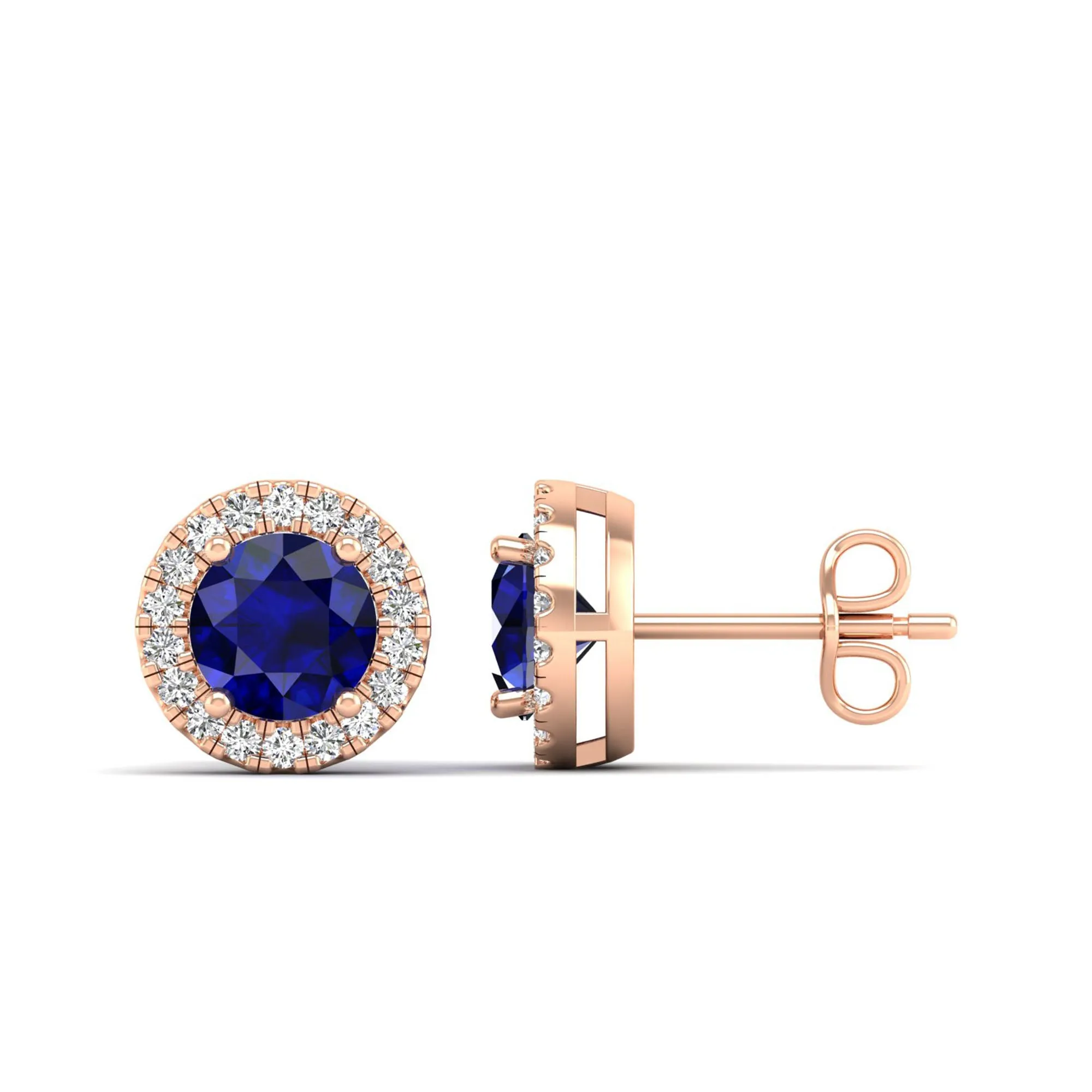 Round Sapphire Halo Diamond Stud Earrings