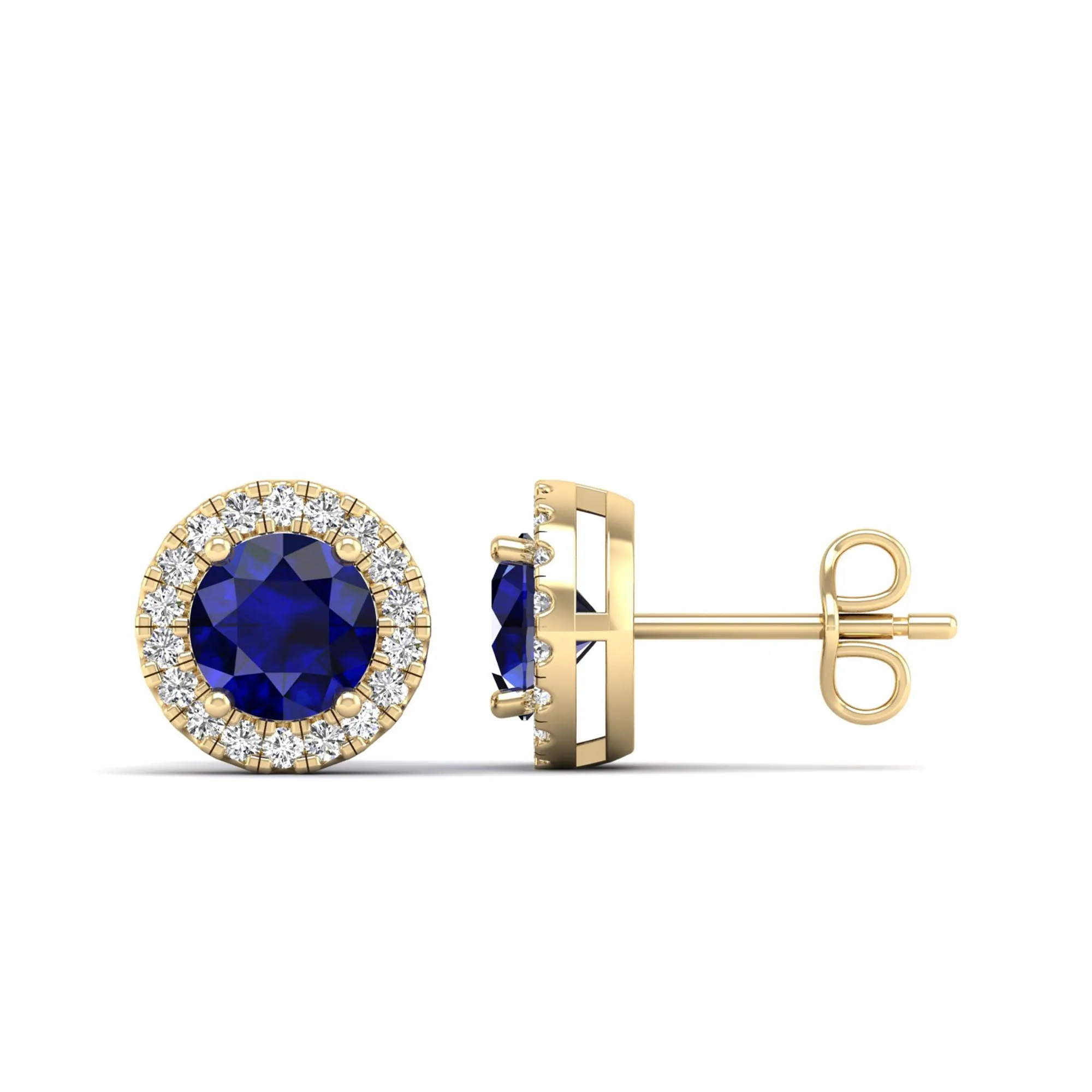 Round Sapphire Halo Diamond Stud Earrings