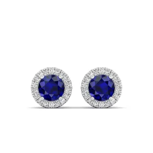 Round Sapphire Halo Diamond Stud Earrings