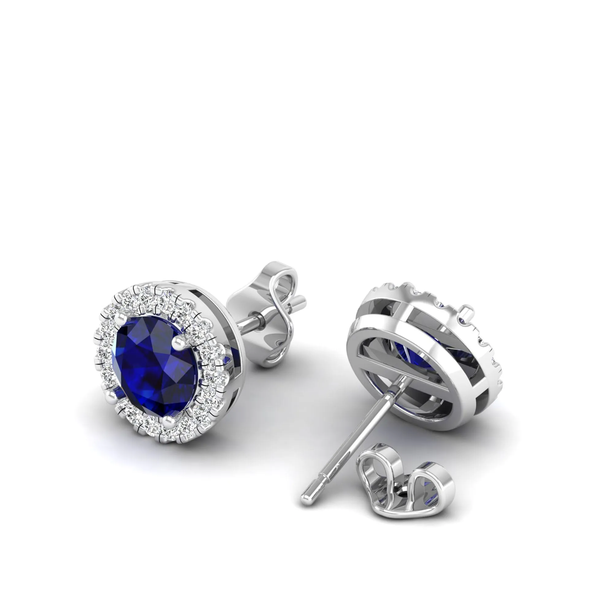 Round Sapphire Halo Diamond Stud Earrings