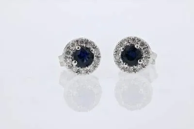 Round Sapphire With Diamond Halo Earrings 14K White Gold