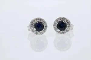 Round Sapphire With Diamond Halo Earrings 14K White Gold
