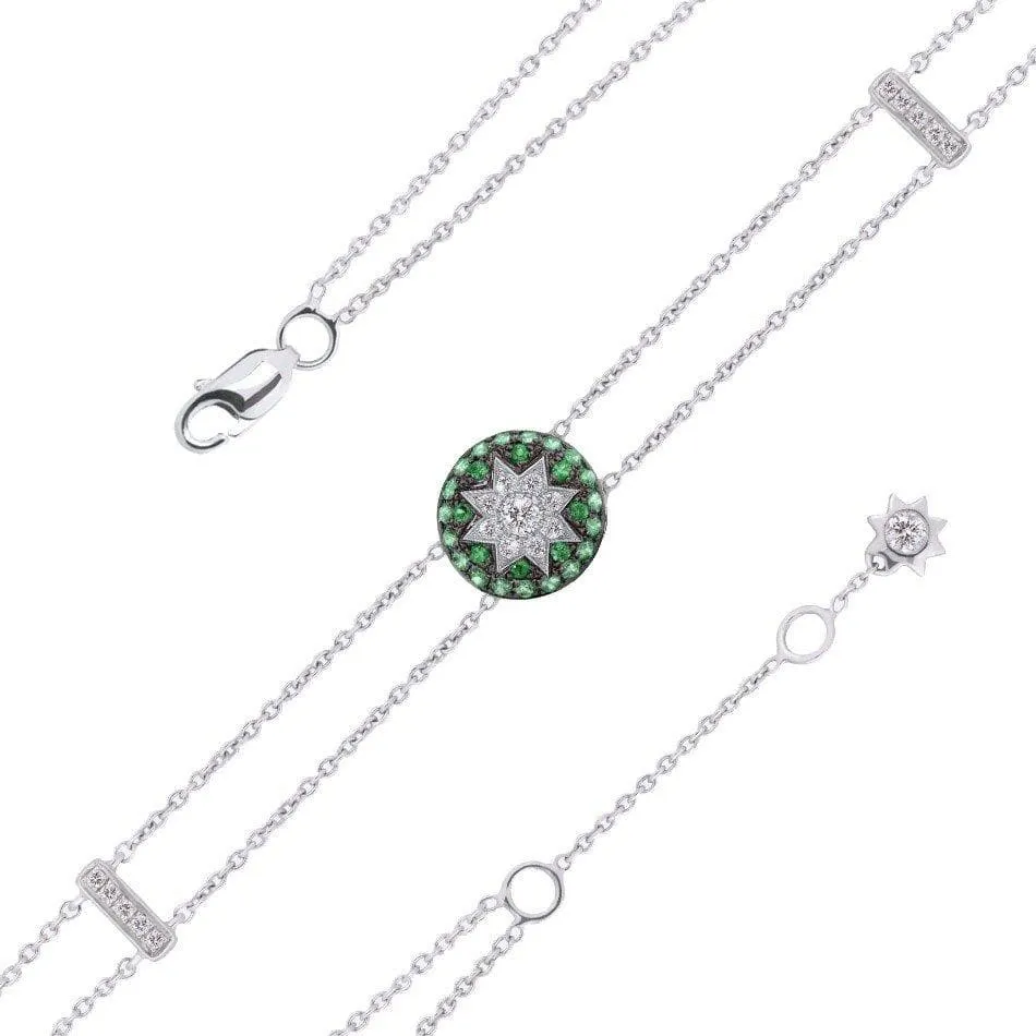 Round Star Tsavorite White Diamond Bracelet in White Gold