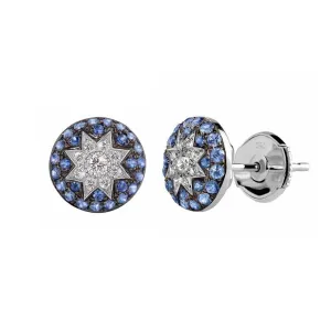 Round Stud Star Earrings Blue Sapphire in White Gold