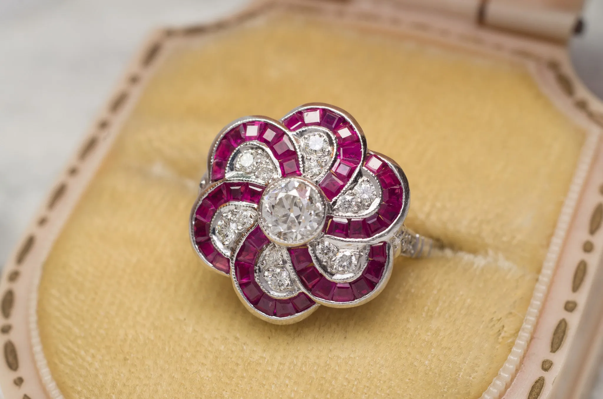 RUBY AND OLD EUROPEAN CUT DIAMOND TARGET RING