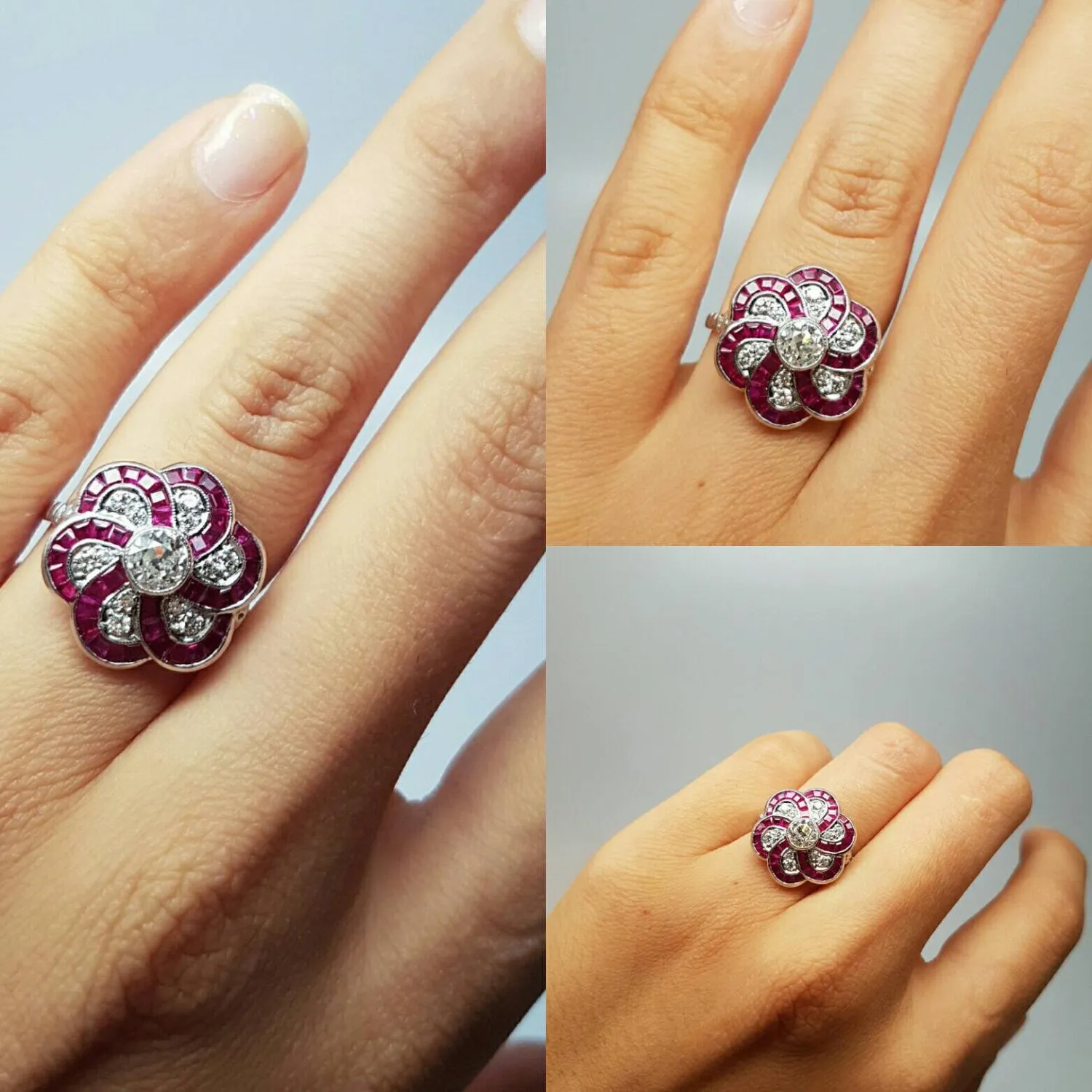 RUBY AND OLD EUROPEAN CUT DIAMOND TARGET RING