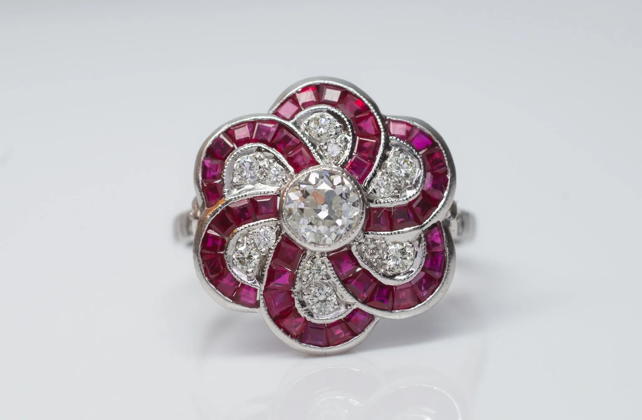 RUBY AND OLD EUROPEAN CUT DIAMOND TARGET RING