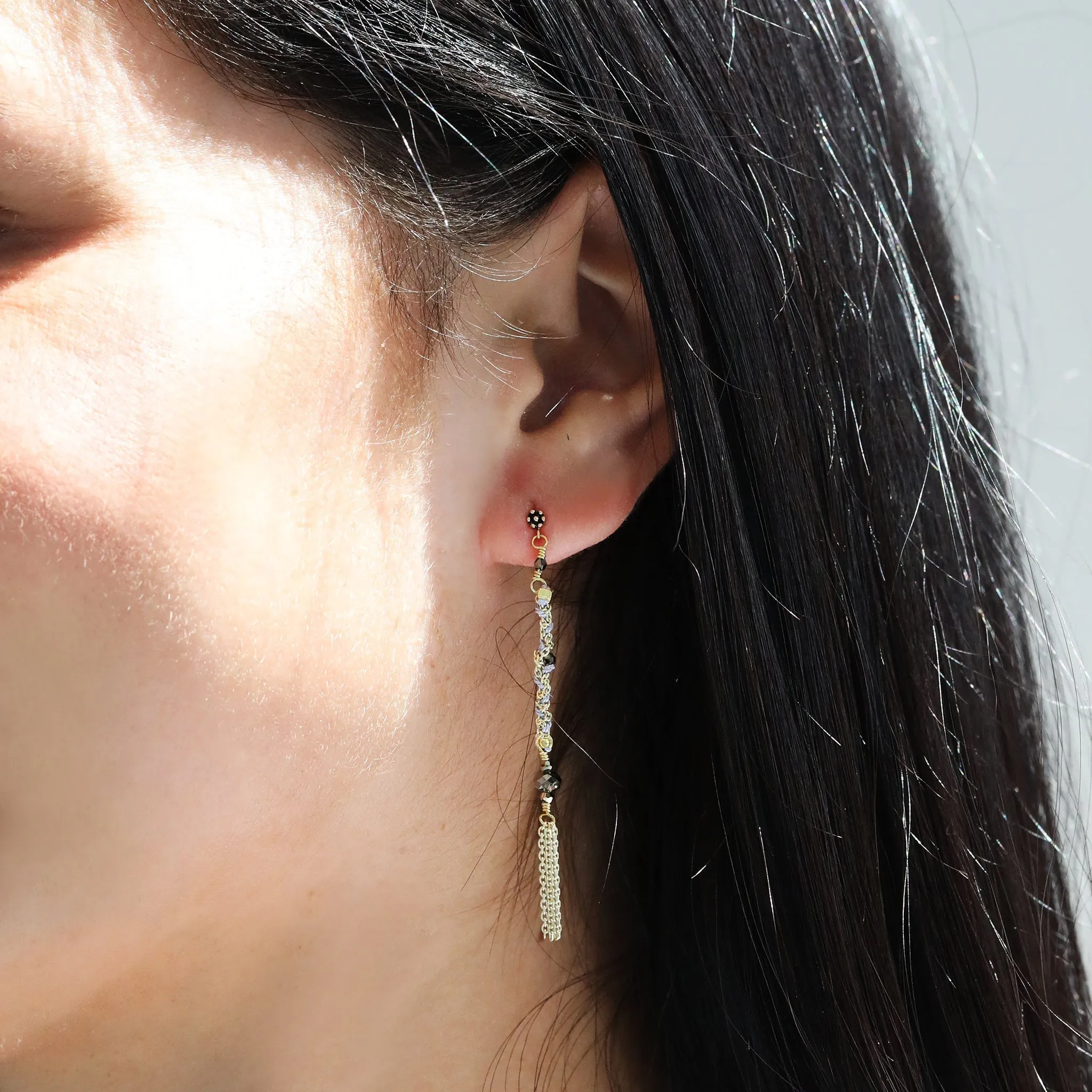 Ruthenium Woven Chain Drop Earrings with Crystal Beads