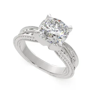 Sabrina Cushion Cut Solitaire Hand Engraved Milgrain Engagement Ring Setting