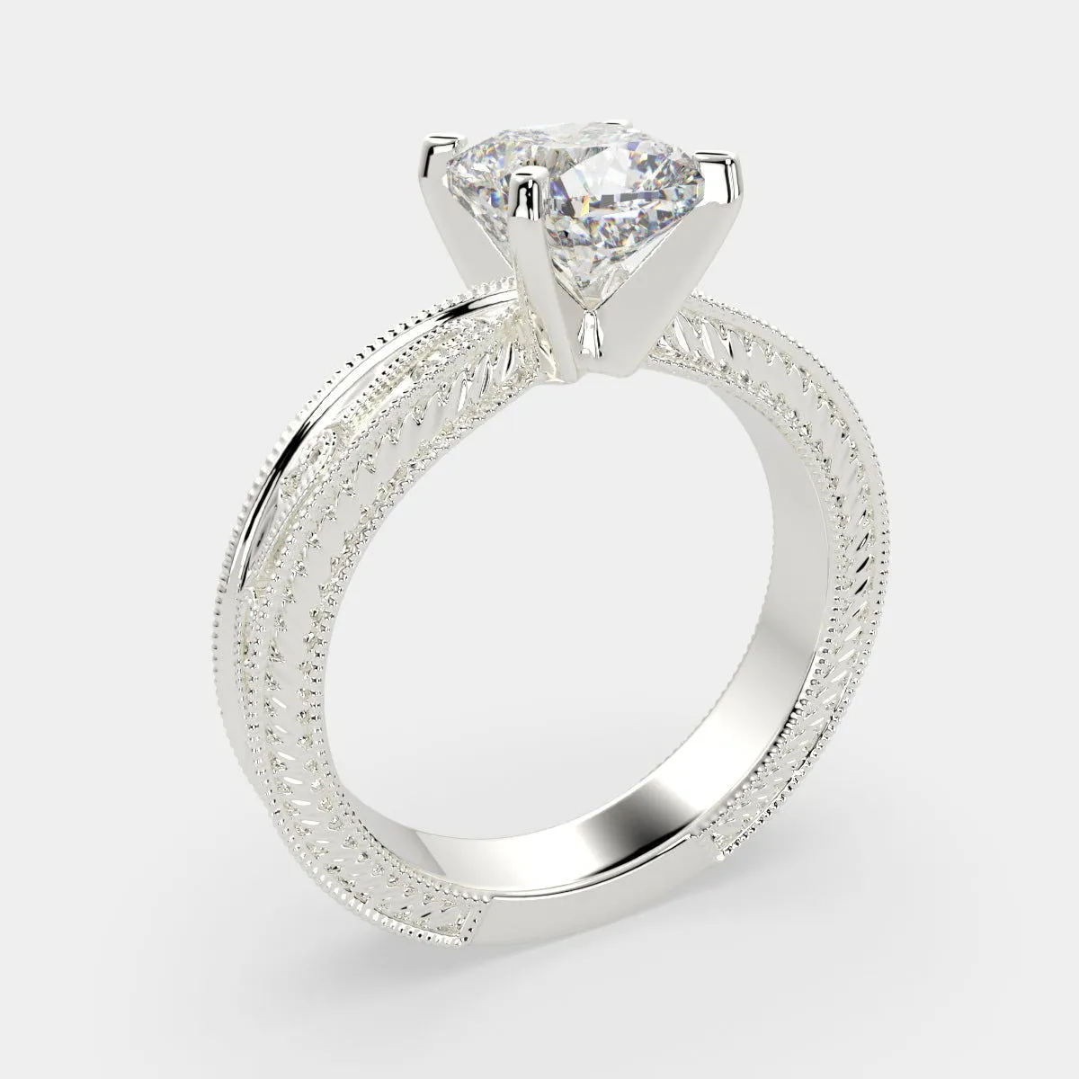 Sabrina Cushion Cut Solitaire Hand Engraved Milgrain Engagement Ring Setting