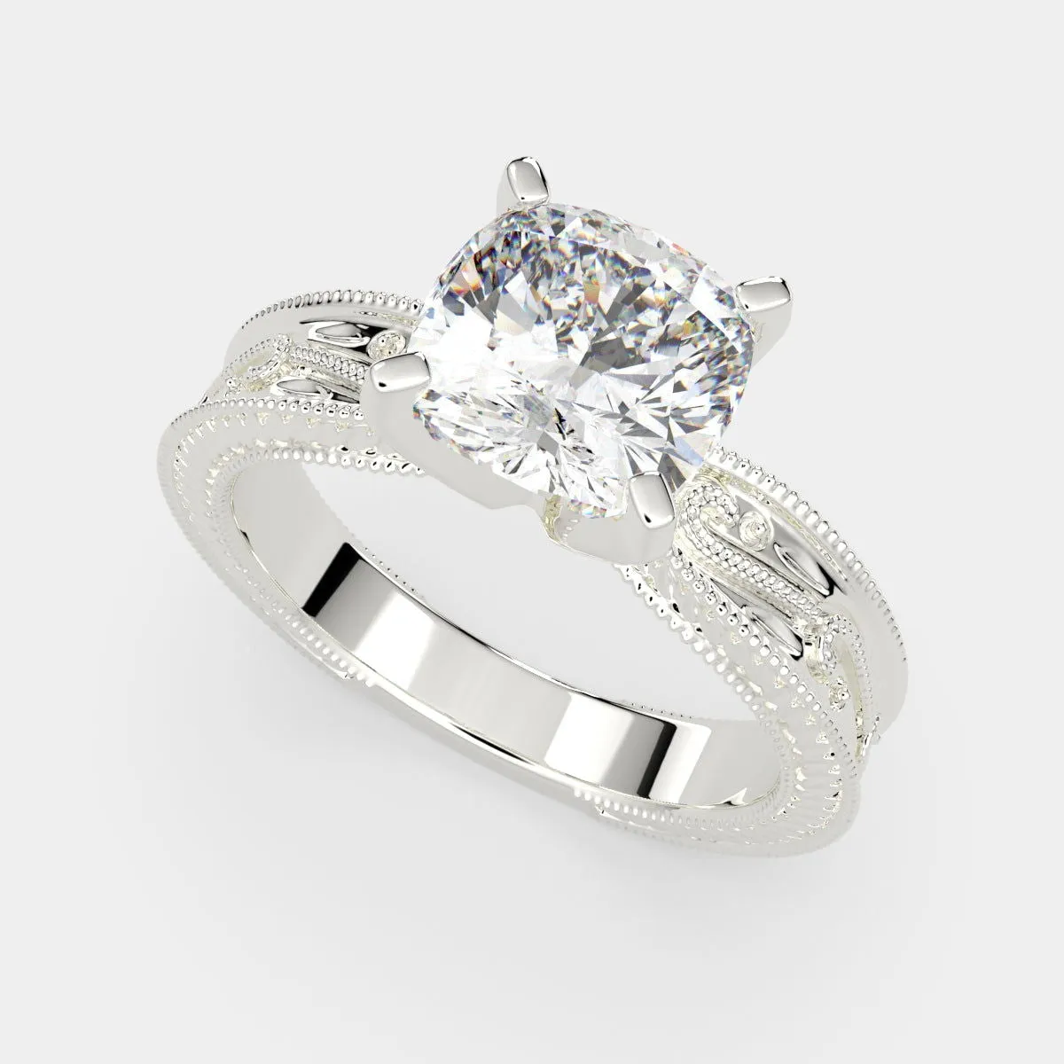 Sabrina Cushion Cut Solitaire Hand Engraved Milgrain Engagement Ring Setting