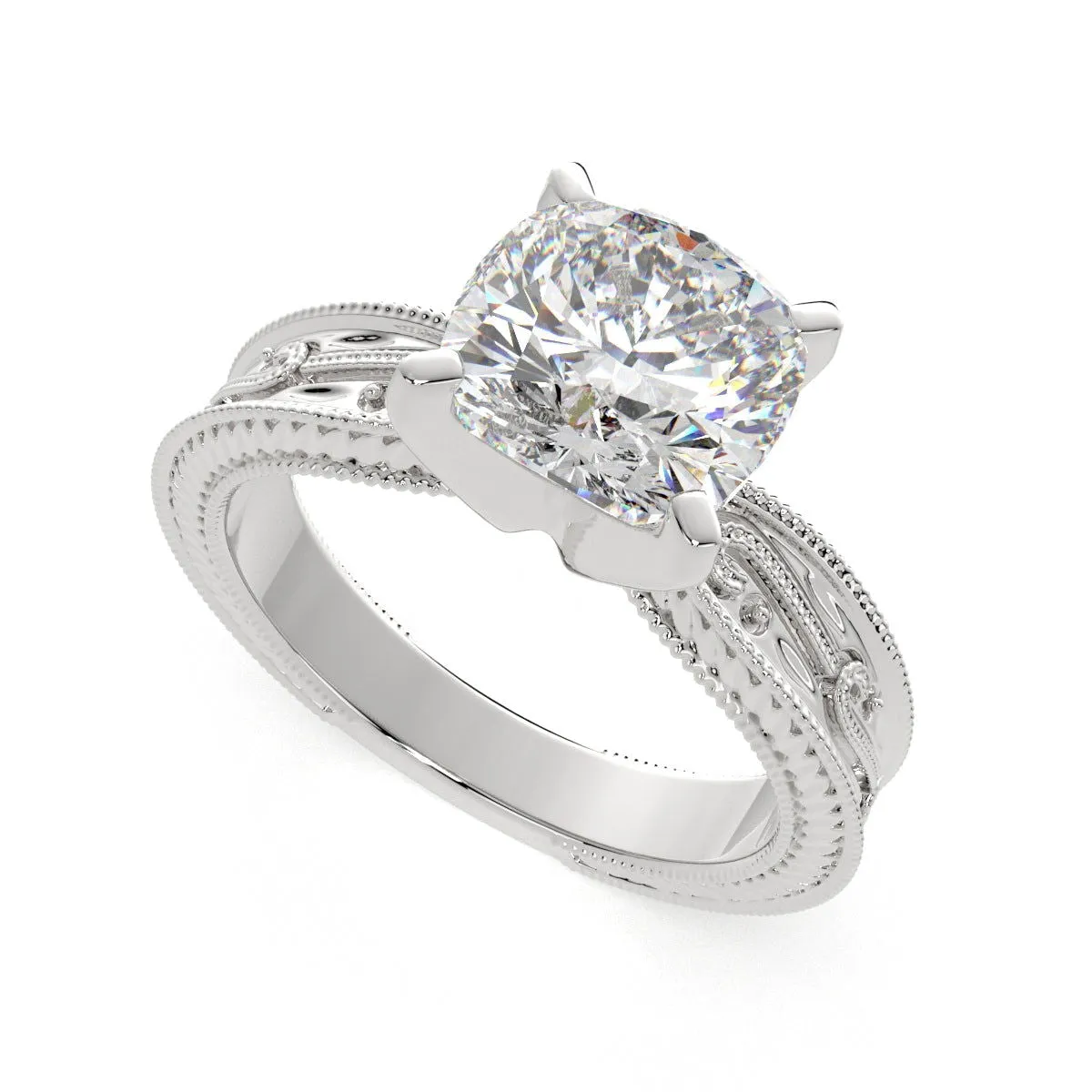 Sabrina Cushion Cut Solitaire Hand Engraved Milgrain Engagement Ring Setting