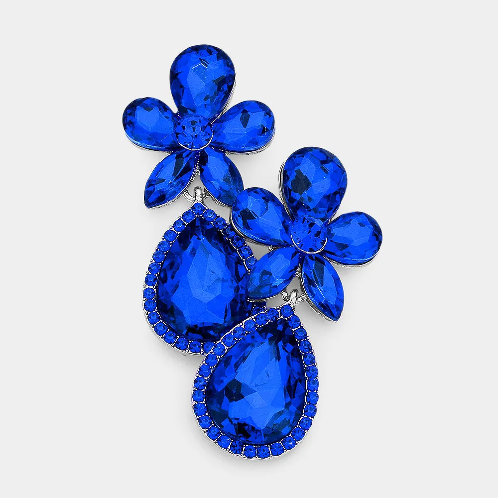 Sapphire Crystal Flower Stone Teardrop Dangle Pageant Earrings  | Pageant Jewelry |  563240