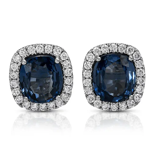 Sapphire Cushion Stud Earrings with Round Cut Diamonds on a 14k White Gold Halo Setting