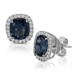 Sapphire Cushion Stud Earrings with Round Cut Diamonds on a 14k White Gold Halo Setting