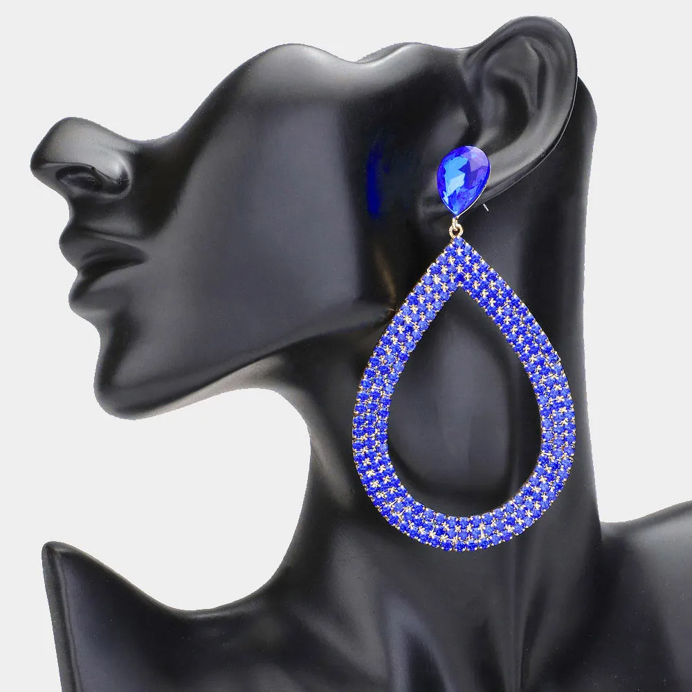 Sapphire Rhinestone Open Teardrop Dangle Pageant Earrings  | Prom Earrings | 620426