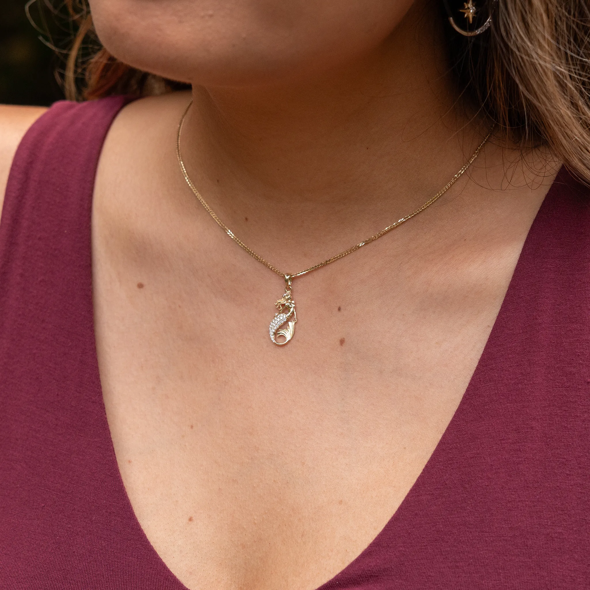 Sealife Mermaid Pendant in Gold with Diamonds - 24mm