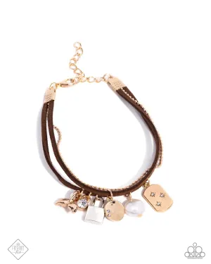 Serendipitous Suede - Brown - Suede Mixed Metal Charm Paparazzi Lobster Claw Bracelet - July 2024 Sunset Sightings