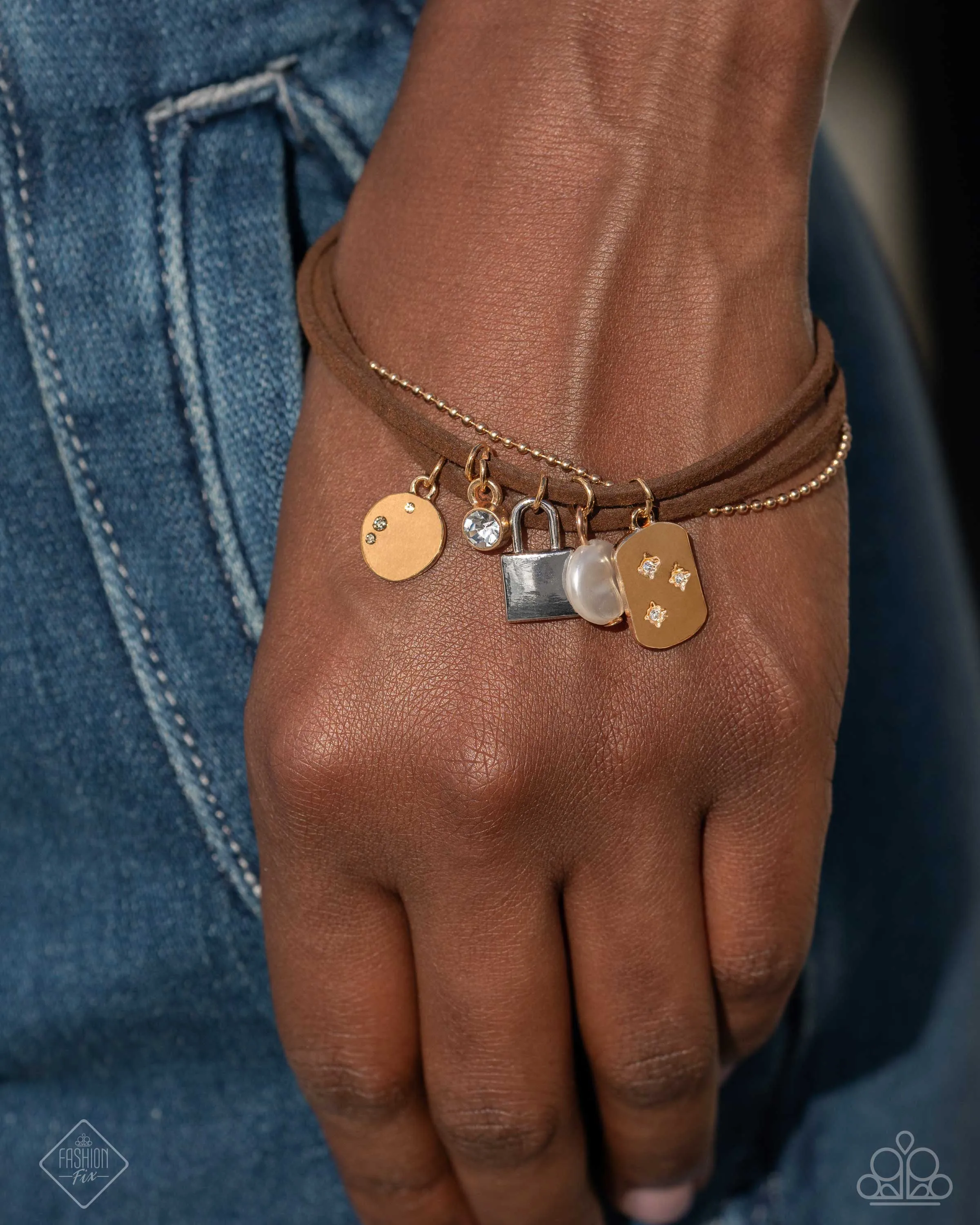 Serendipitous Suede - Brown - Suede Mixed Metal Charm Paparazzi Lobster Claw Bracelet - July 2024 Sunset Sightings