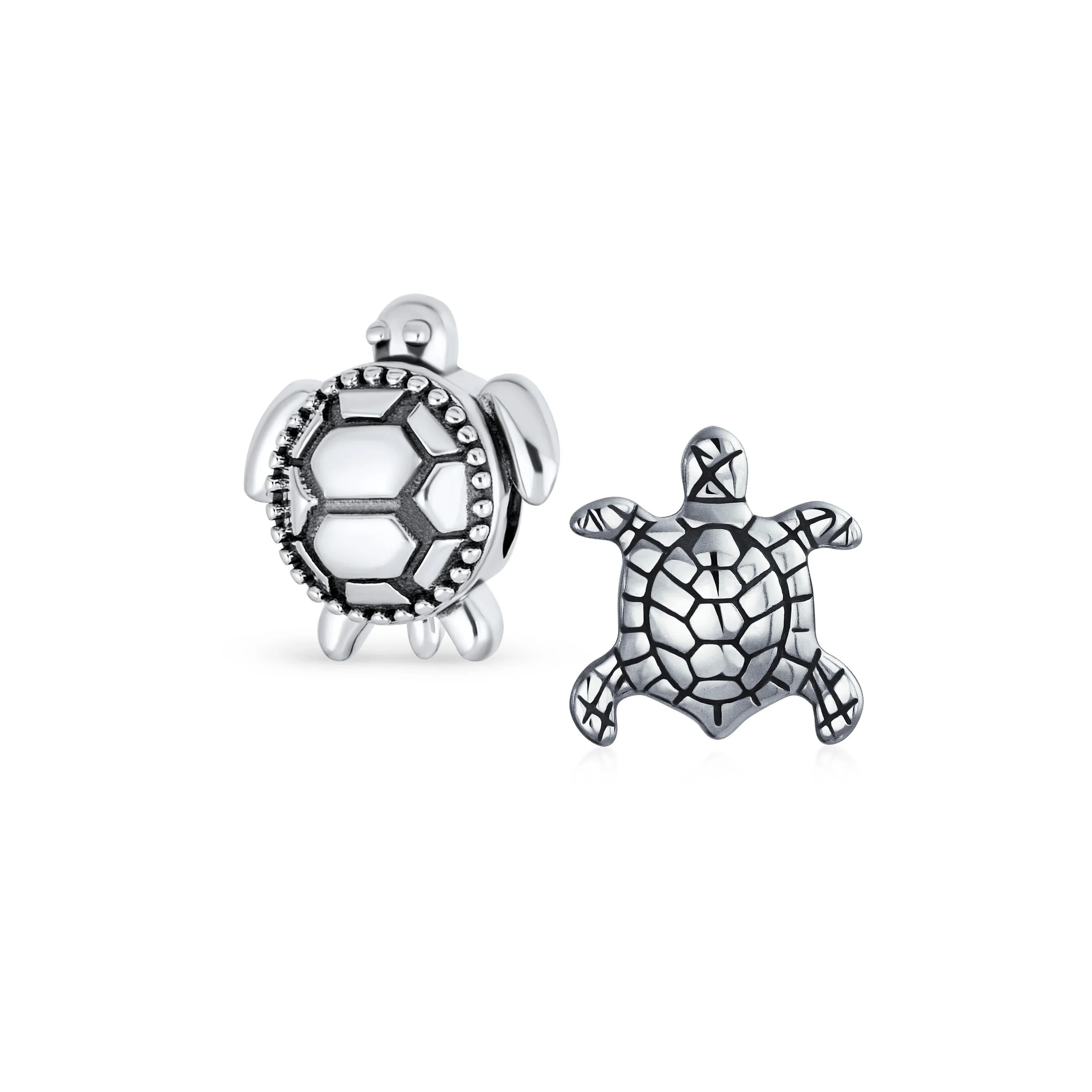 Set of 2 Oval Round Nautical Sea Turtle Charm Bead in Oxidized Sterling Silver