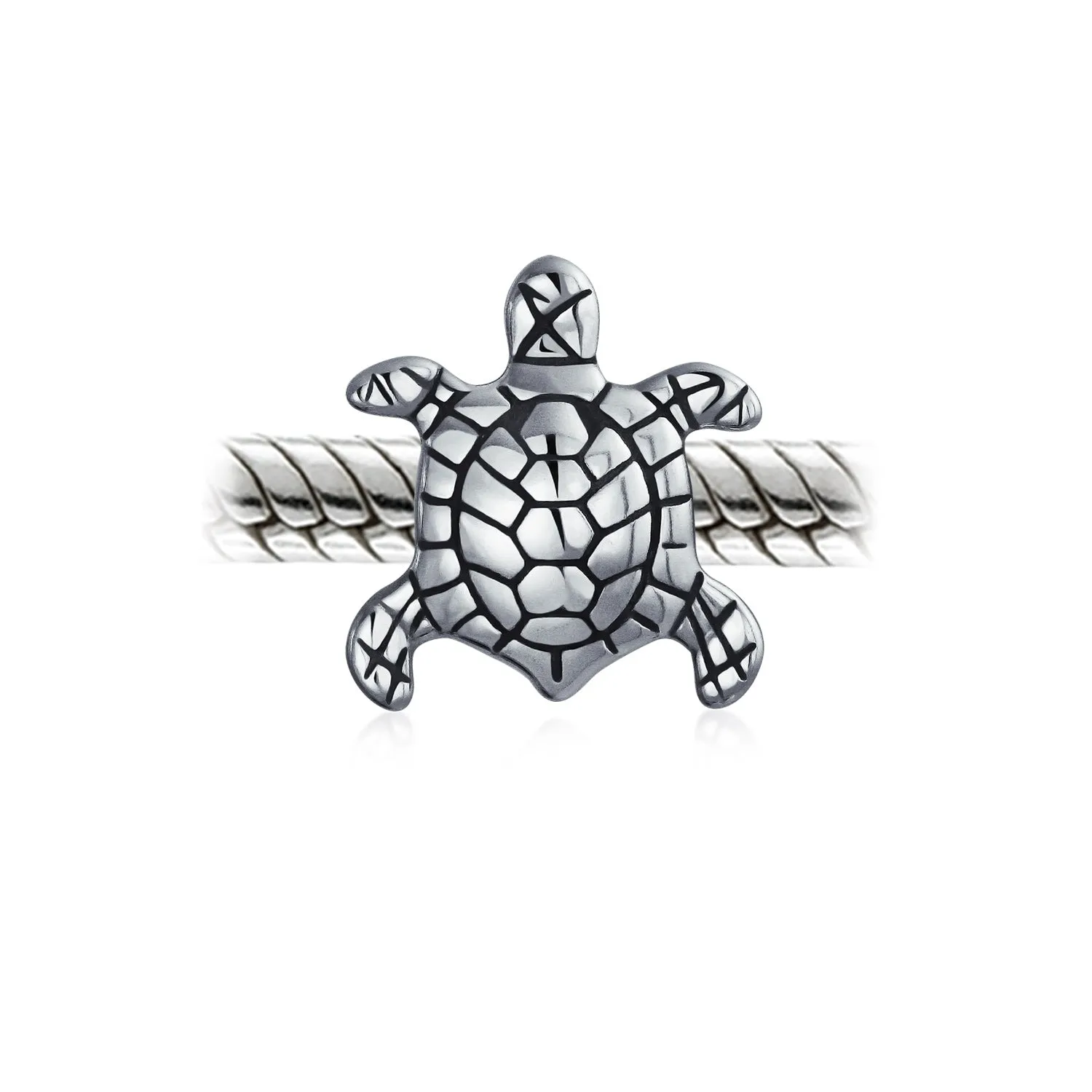 Set of 2 Oval Round Nautical Sea Turtle Charm Bead in Oxidized Sterling Silver