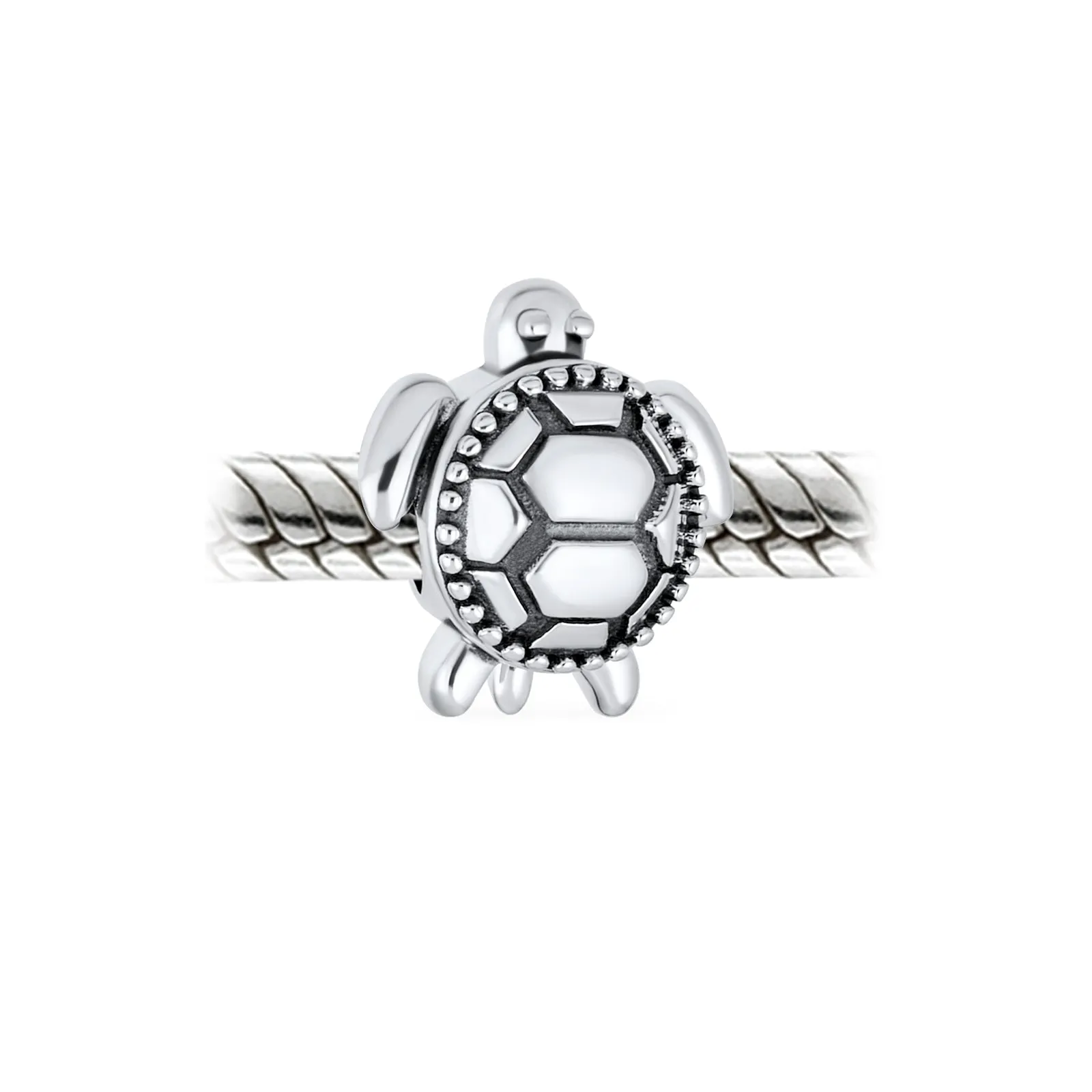 Set of 2 Oval Round Nautical Sea Turtle Charm Bead in Oxidized Sterling Silver