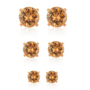 SET OF 3 ROSE GOLD 8MM 7MM 6MM CRYSTAL EARRINGS #E8655PG (GD12)