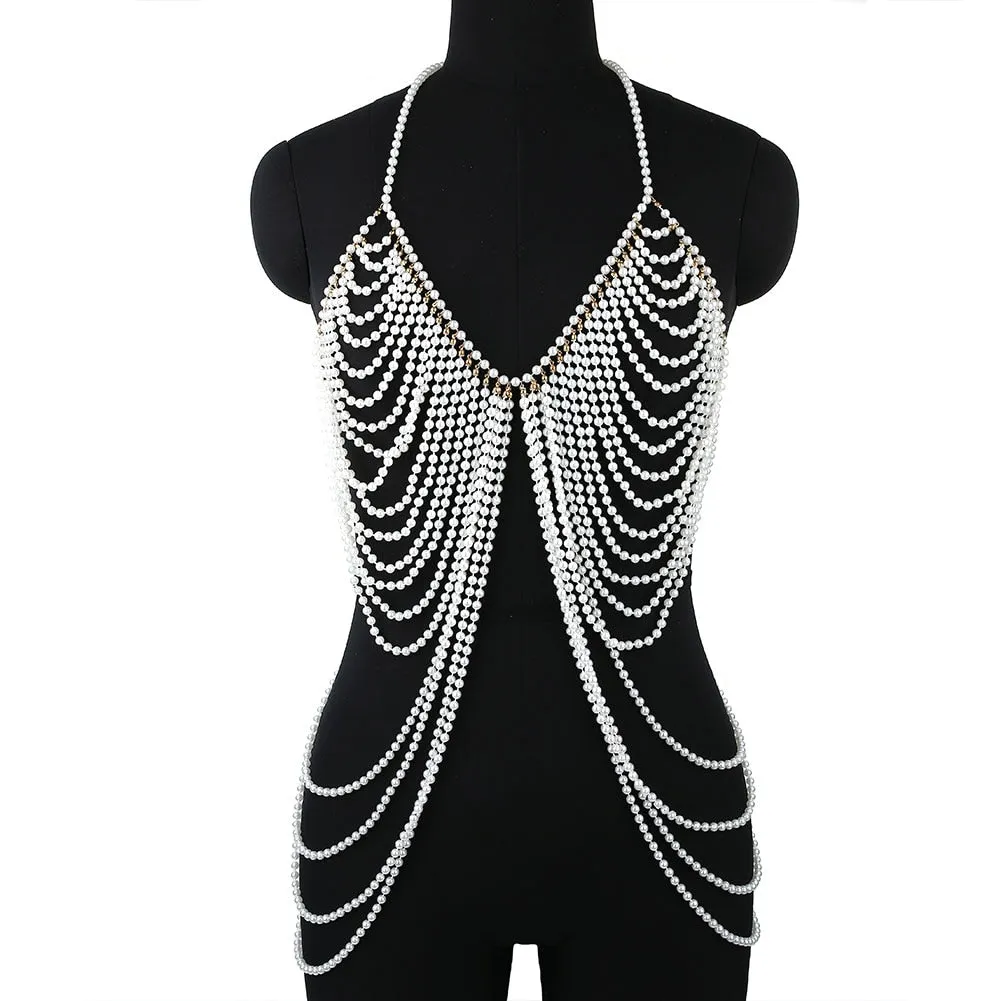 Sexy Women's Pearl Body Chain Bra Adjustable Size Shawl Necklaces Collar Shoulder Fashion Tops Chain Necklaces Body Jewelry