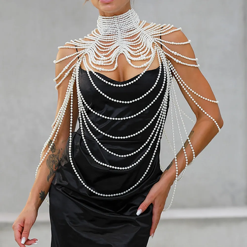 Sexy Women's Pearl Body Chain Bra Adjustable Size Shawl Necklaces Collar Shoulder Fashion Tops Chain Necklaces Body Jewelry