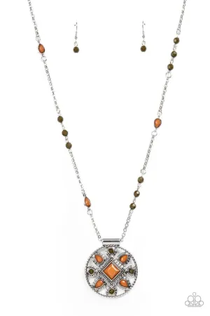 Sierra Showroom - Brown - Green Beaded Chain Medallion Paparazzi Long Necklace