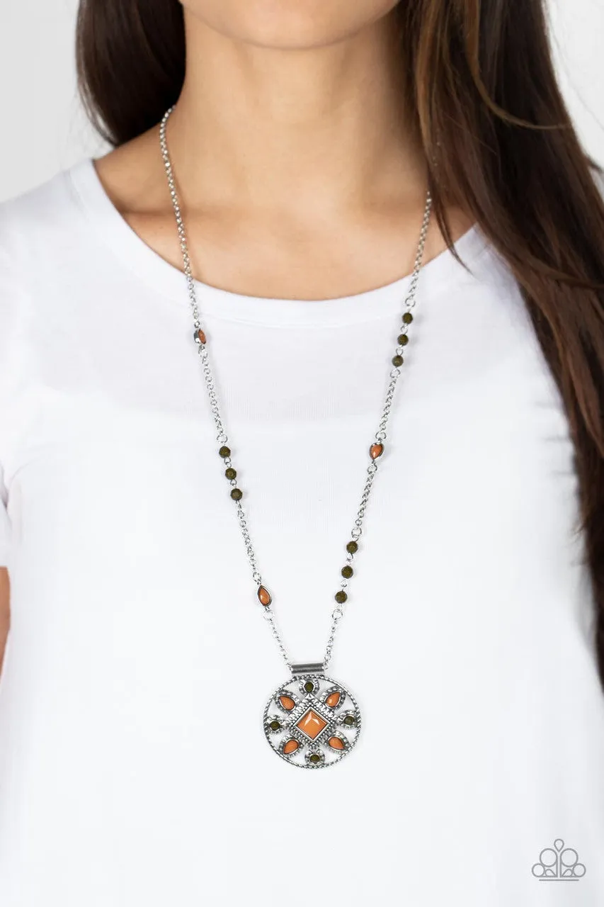 Sierra Showroom - Brown - Green Beaded Chain Medallion Paparazzi Long Necklace