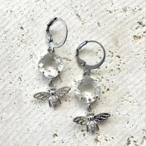 Silver Bee Earrings with Clear Crystals