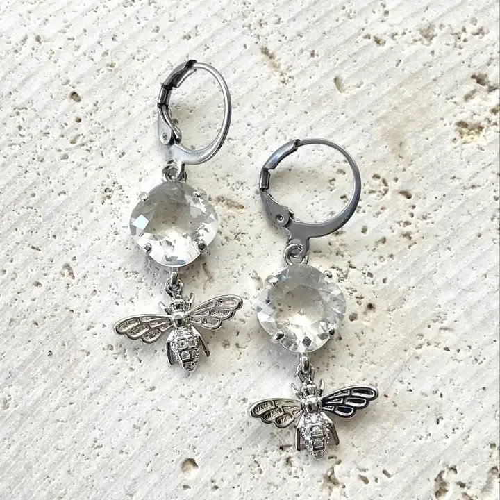 Silver Bee Earrings with Clear Crystals