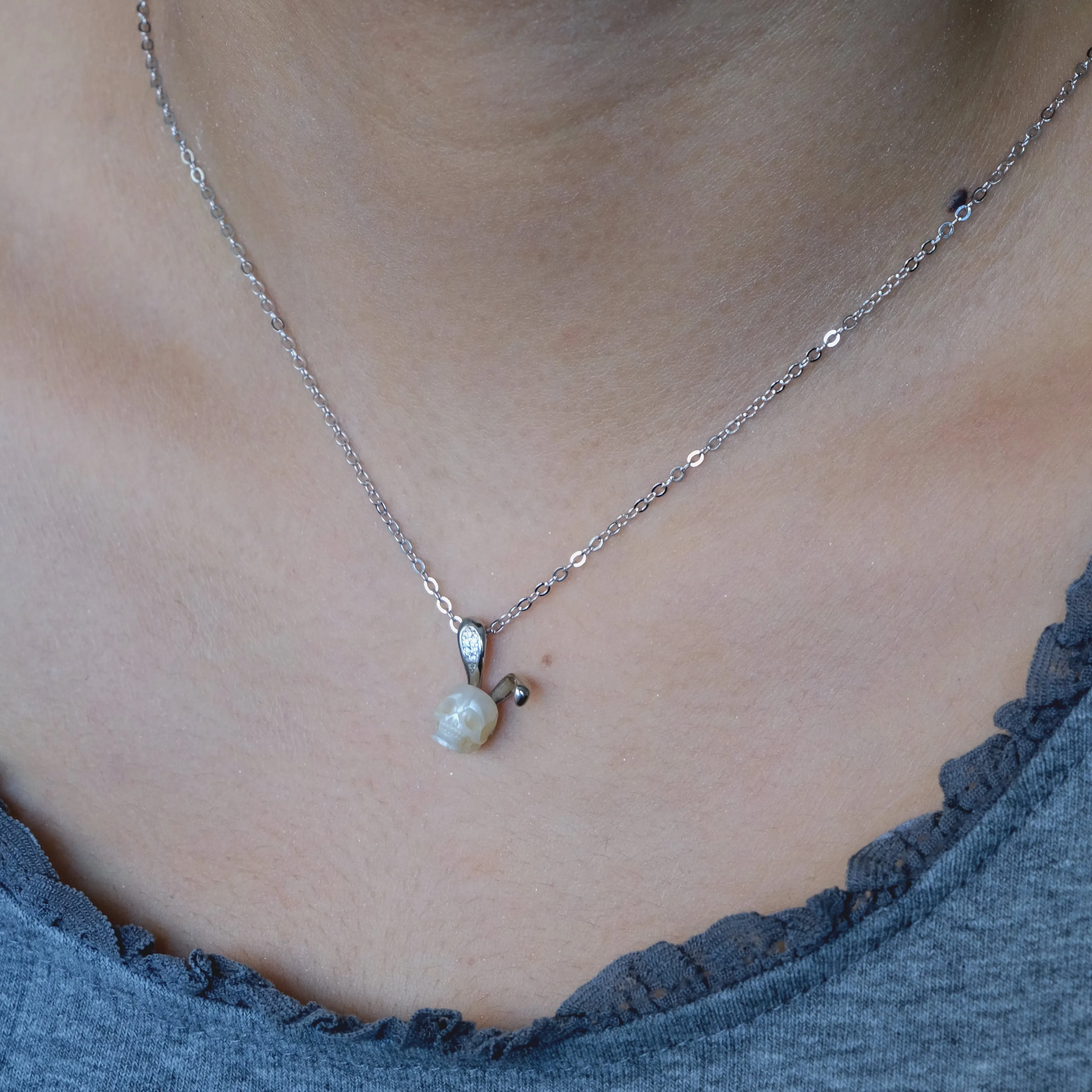 Silver Bunny Ears Pearl Skull Necklace