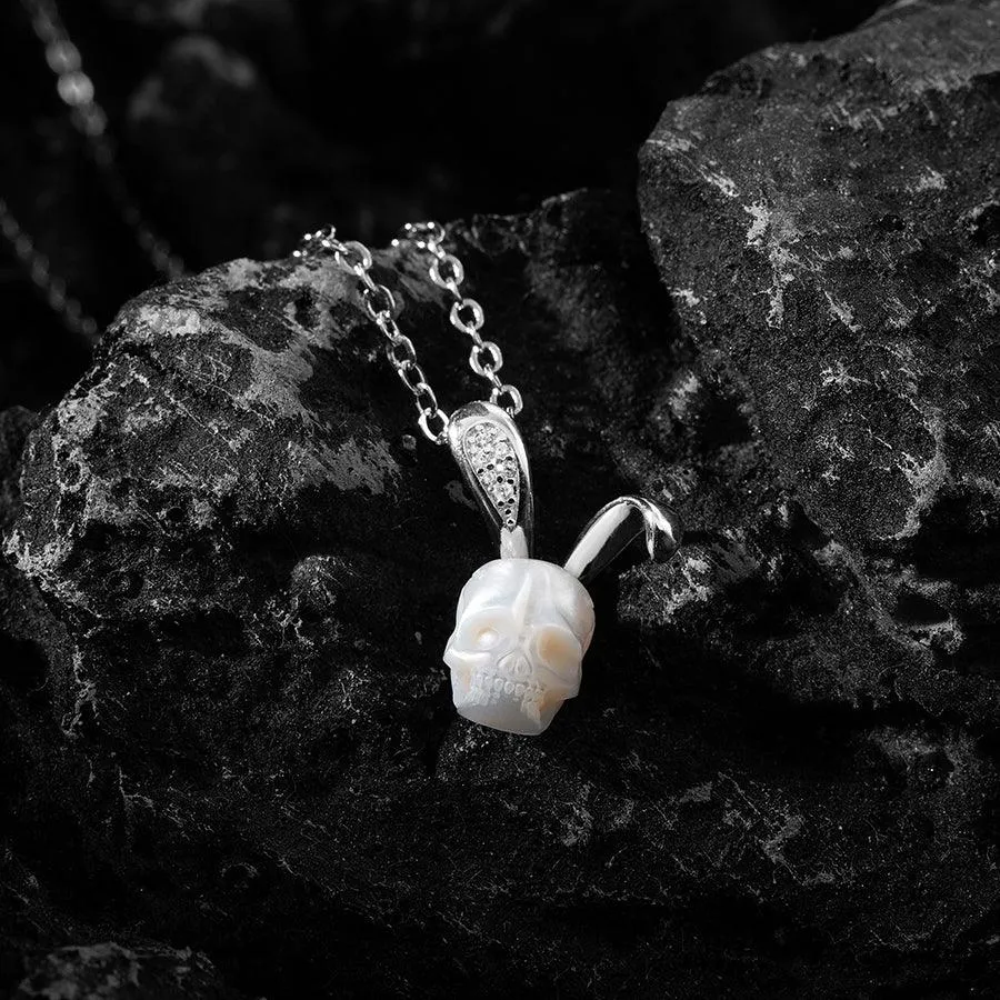 Silver Bunny Ears Pearl Skull Necklace