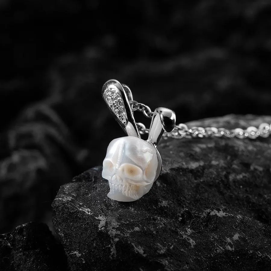 Silver Bunny Ears Pearl Skull Necklace