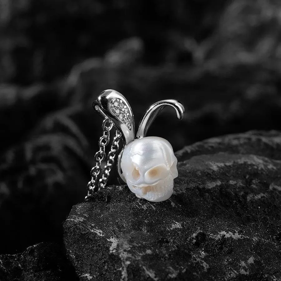 Silver Bunny Ears Pearl Skull Necklace