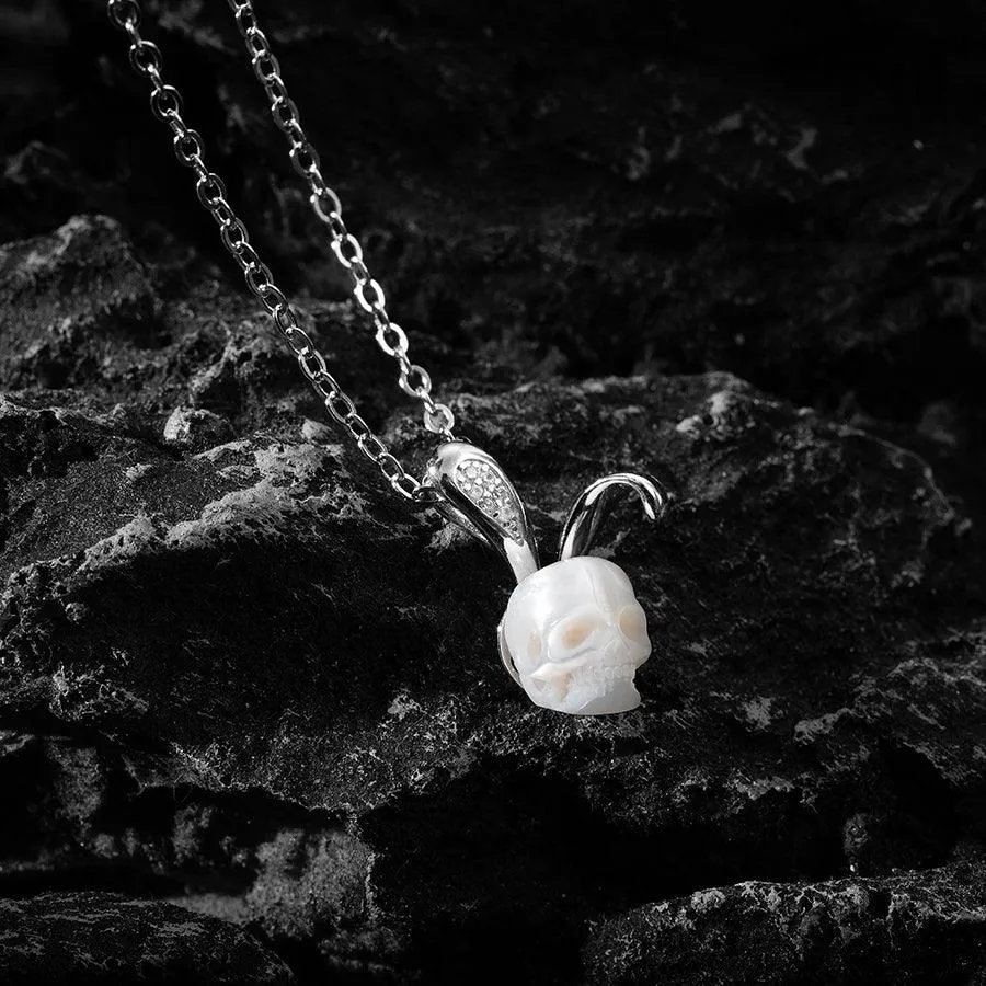 Silver Bunny Ears Pearl Skull Necklace
