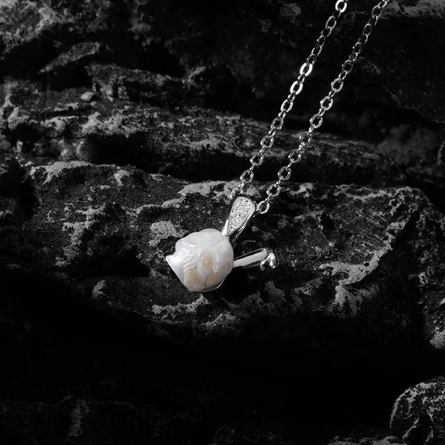 Silver Bunny Ears Pearl Skull Necklace