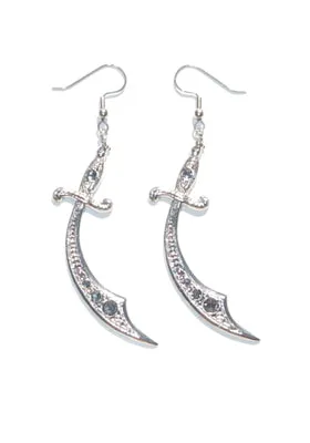 Silver curved sword earrings with rhinestones