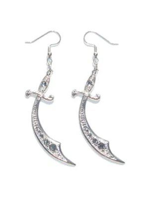 Silver curved sword earrings with rhinestones