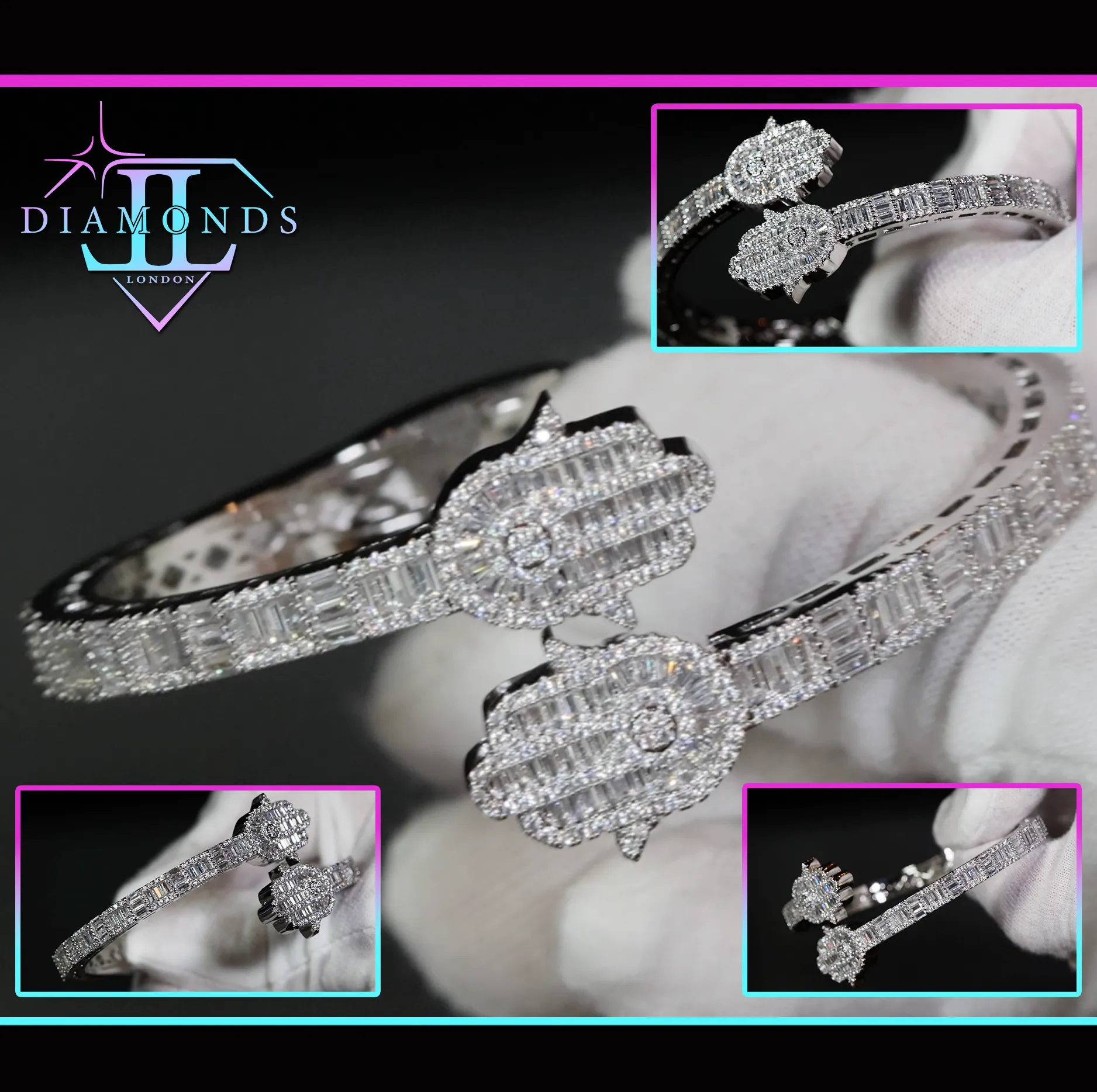 Silver Diamond Hamsa Bracelet | Baguette Diamond Hamsa Bracelet