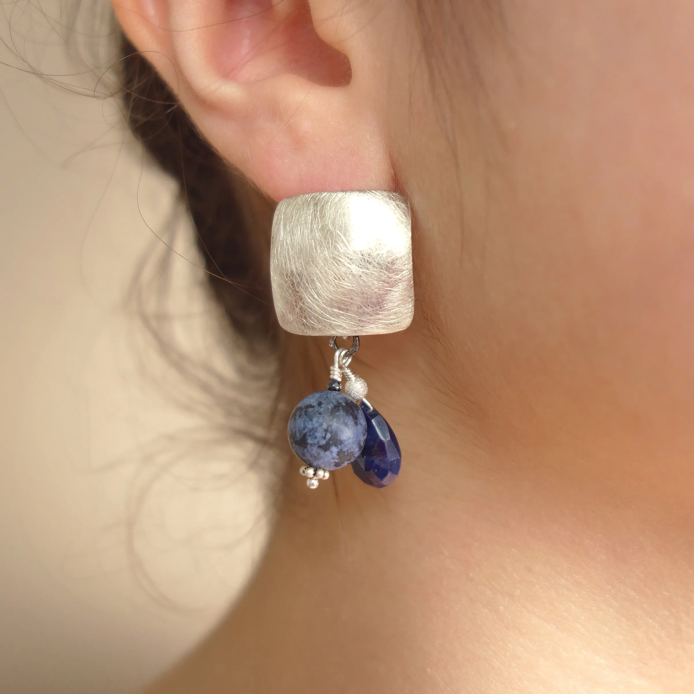 Silver, Sapphire, and African Pietersite earrings