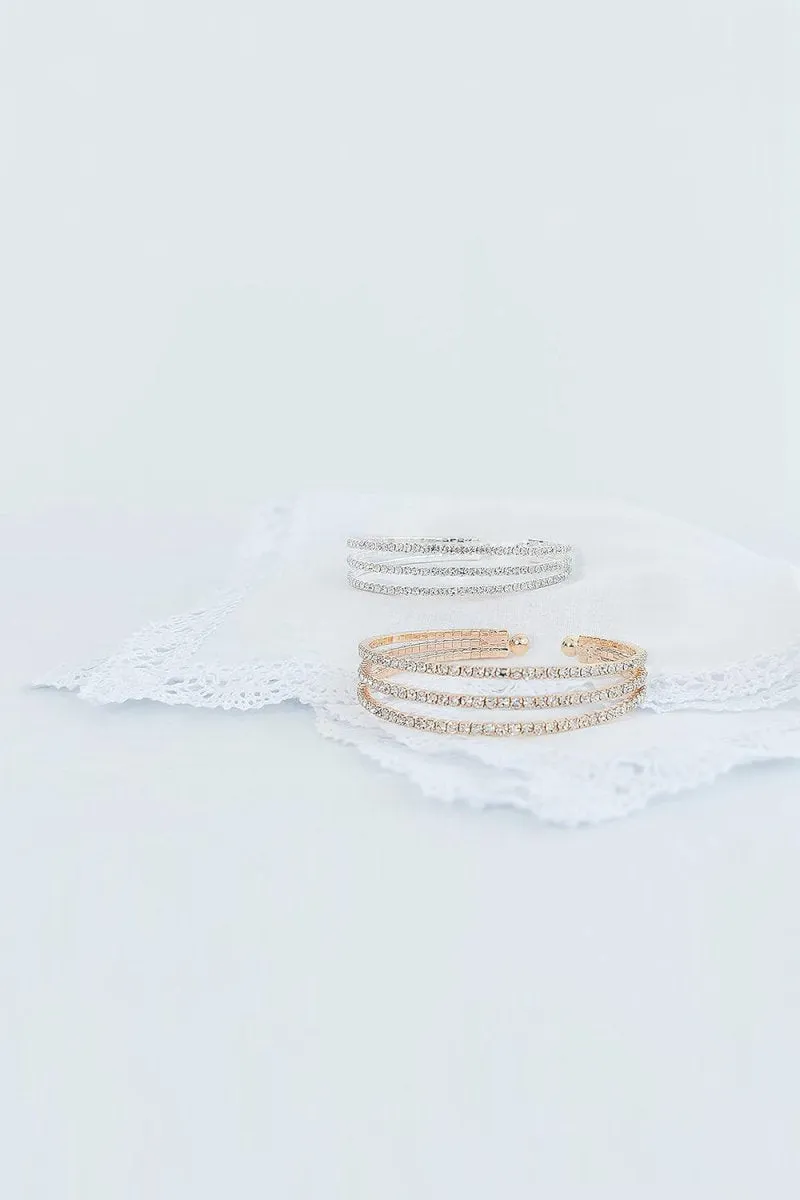 Silver Three Row Rhinestone Open Bracelets