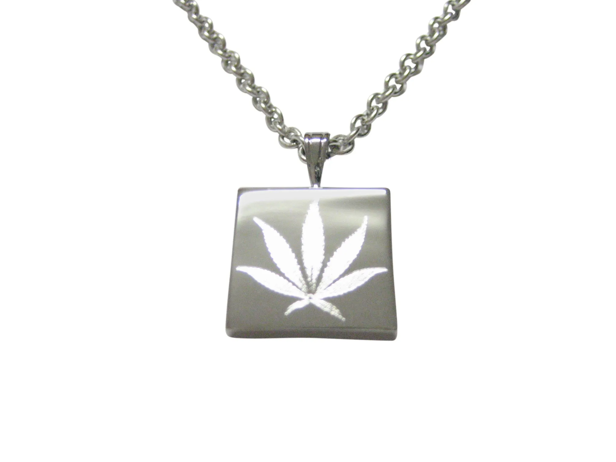 Silver Toned Etched Weed Pendant Necklace